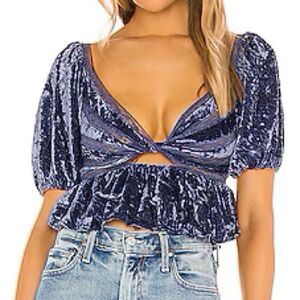Free People Women XS Wild Moon Blue Boho Cutout Yours Truly Crushed Velvet Top